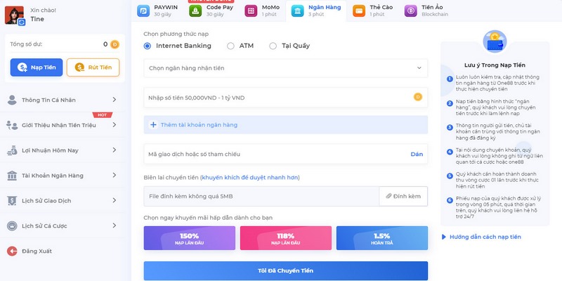 One88 đang hỗ trợ người chơi nạp tiền qua nhiều phương thức khác nhau