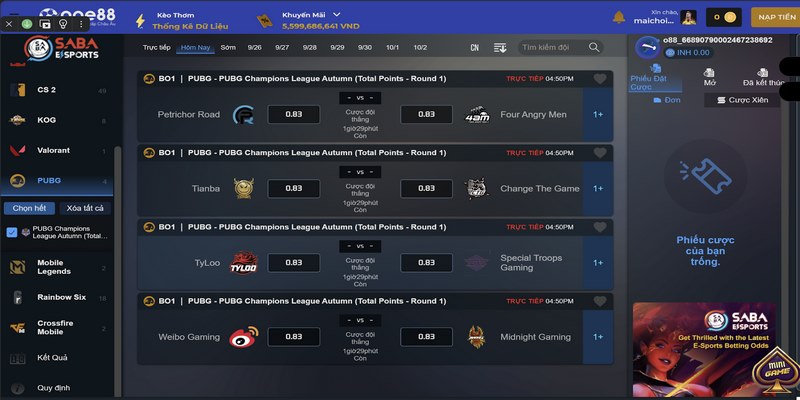 PUBG Mobile là một tựa game bắn súng sinh tồn nổi tiếng tại sảnh Esports One88